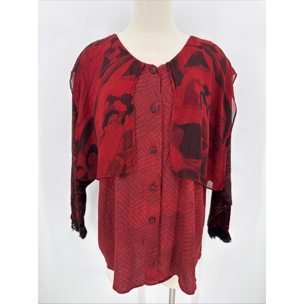 Vintage URU Womens Red Black Lace Cut Artsy Blouse Size One Size Hand Dyed